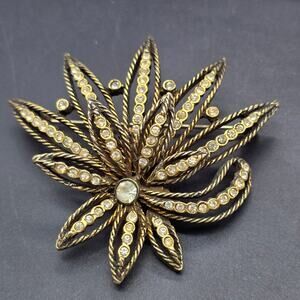 Selini Flower Brooch Gold Tone Rhinestone Chunky Vintage Costume Jewelry